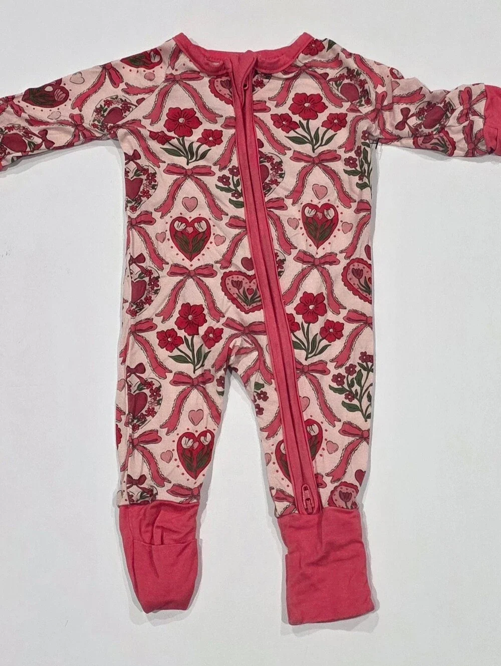 Pink Floral & Heart Footed One-Piece Pajama Preemie